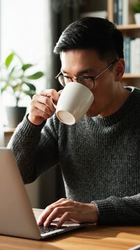 A smiling young man wearing glasses works on his laptop while holding a warm cup of coffee at a desk in a bright home office setting