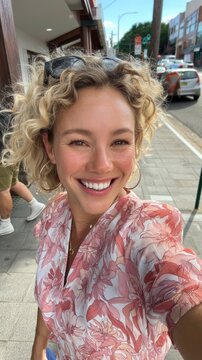 Smiling Woman in Floral Shirt Taking Selfie on Street Corner