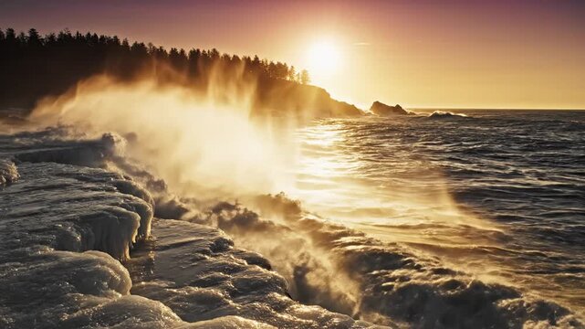 Ocean wave at sunset.