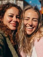 Fototapeta premium Two young women sharing a cheerful moment, smiling broadly against a city backdrop.