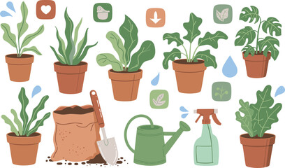 Obraz premium Gardening and houseplant illustration set featuring potted plants, watering tools, and care elements, colorful vector collection isolated on white background for home, hobby, and design