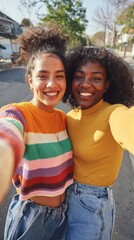Obraz premium Young Women Taking a Selfie, One with Dark Hair, Both Smiling, Outdoors in Daylight.