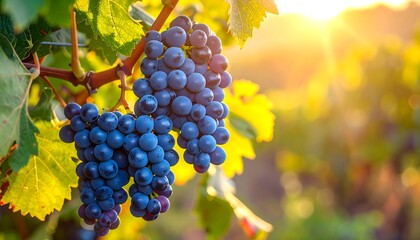 Fototapeta premium Close-up of ripe grapes on vine, bathed in warm sunlight