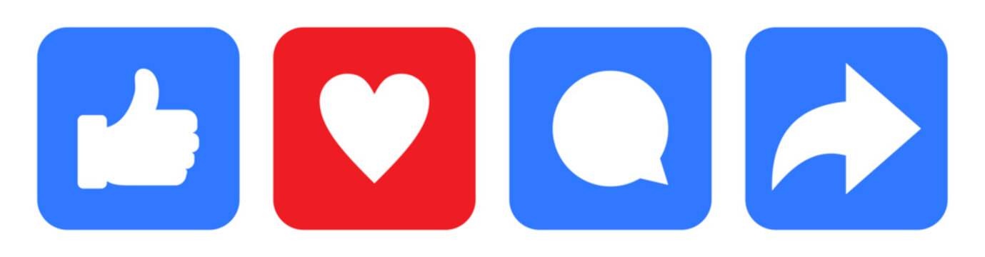 Like, comment, share icon buttons and Thumbs up and love heart flat icon in modern circle shapes , Social media notification icons. emoji post reactions set. Vector illustration.