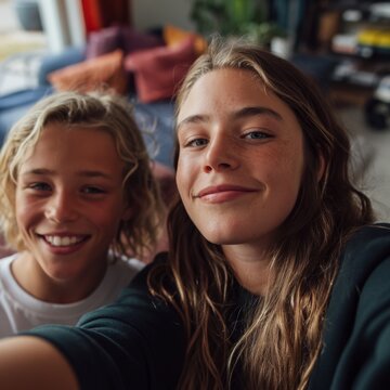Young Woman Taking Selfie with Smiling Boy, Indoor Setting