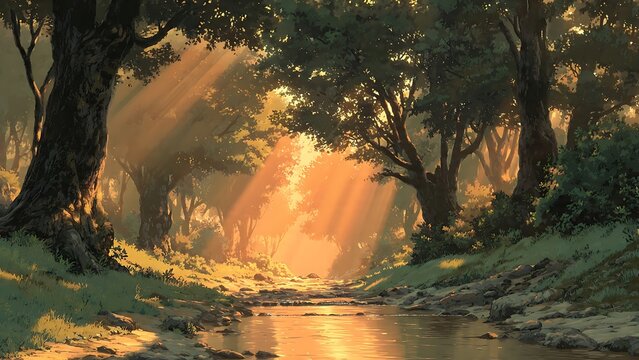 Anime style illustration of an enchanting forest river scene bathed in warm glowing sunlight breaking through the thick dark trees. The dramatic golden rays highlight the gentle flow