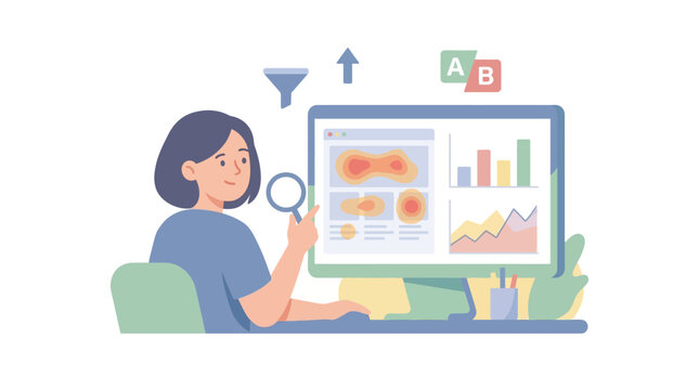 Data Analyst Examining Website Performance and User Behavior Metrics. EPS Editable. Vector Illustrations.