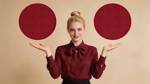 Businesswoman presenting two blank red circles for your text choice concept isolated on beige background professional woman holding empty round frames decision making marketing