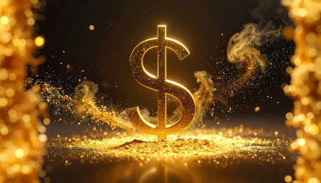 A large golden dollar sign emits light surrounded by particles