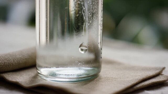 A slow-motion macro shot of a condensation droplet rolling down a frosty craft lemonade bottle on a linen napkin in dappled light, capturing refreshment for beverage advertising and sensory visual tri
