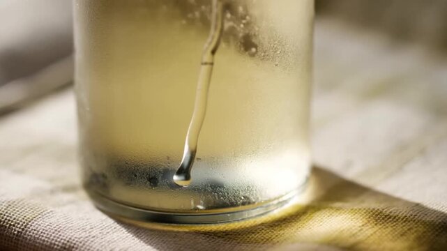 A slow-motion macro shot of a condensation droplet rolling down a frosty craft lemonade bottle on a linen napkin in dappled light, capturing refreshment for beverage advertising and sensory visual tri