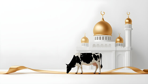 A cow stands in front of a white mosque with golden domes and minarets on a plain background