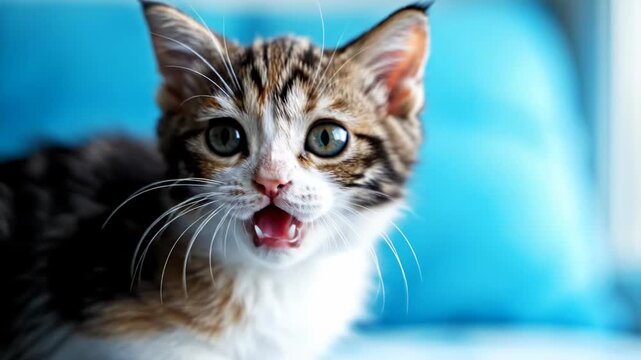 A young calico kitten with tricolor white brown and tan markings looking at the camera with an open mouth and visible teeth against a soft blue bokeh background in close-up.