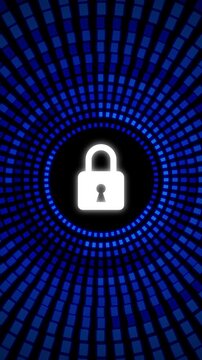 Vertical video Glowing lock icon in blue digital tunnel with radial grid motion. Futuristic cybersecurity concept for data protection, encryption, and secure network systems