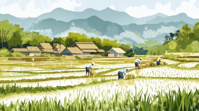 Serene illustration of a rice farming village with farmers at work in stages of planting, growing, and harvesting rice, harmonious balance of people and landscape