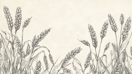 Fototapeta premium Line drawing of cereal plants forming a border around central bakery label space, showing detailed textures of kernels and stalks in ink engraving style