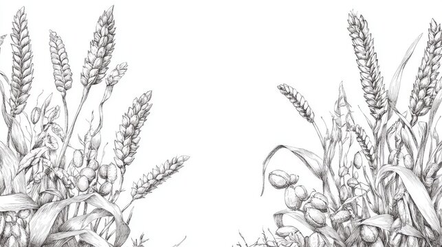 Line drawing of cereal plants forming a border around central bakery label space, showing detailed textures of kernels and stalks in ink engraving style