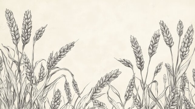 Line drawing of cereal plants forming a border around central bakery label space, showing detailed textures of kernels and stalks in ink engraving style