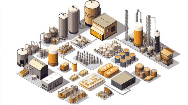 Isometric vector illustration showing full beer production process from grain mashing, fermentation tanks, filtration units, bottling lines, to packaging