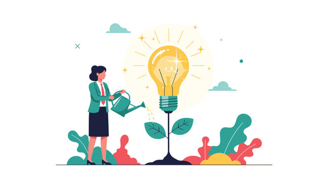Businesswoman watering a growing lightbulb plant to represent nurturing new ideas and innovative business growth.