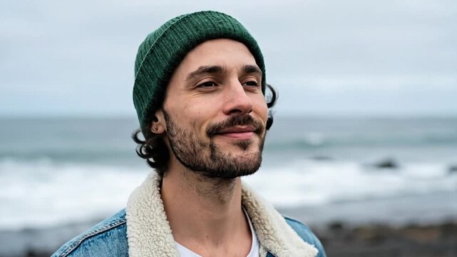 Young man with a beard and beanie enjoying the fresh air on an overcast beach by the ocean