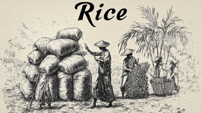 Engraved style depiction of rice harvesting scene, full rice sacks stacked beside workers with sheaves in hand, text "Rice" drawn in elegant typography