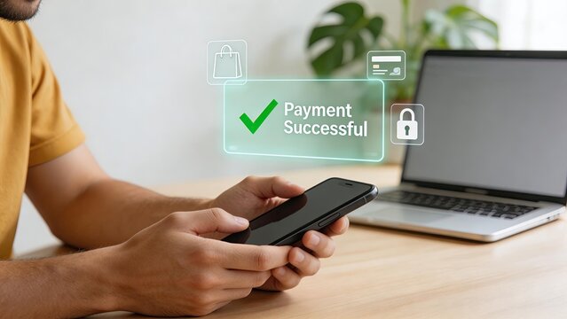 Man using smartphone for secure online payment with holographic interface showing payment successful confirmation on modern wooden desk with laptop in background