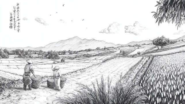 Monochrome drawing showing a peaceful paddy landscape with rice grains, hand-tied bundles, farmers in motion, and handwritten rice text caption