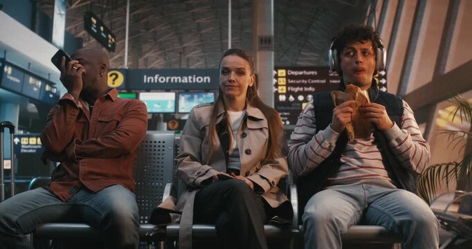 Young Stylish Woman Sits in Busy Airport Lounge, Visibly Uncomfortable Among Noisy Strangers. Concept of Social Anxiety, Struggle of Introvert in Public Spaces, and Need For Solitude in Crowd.