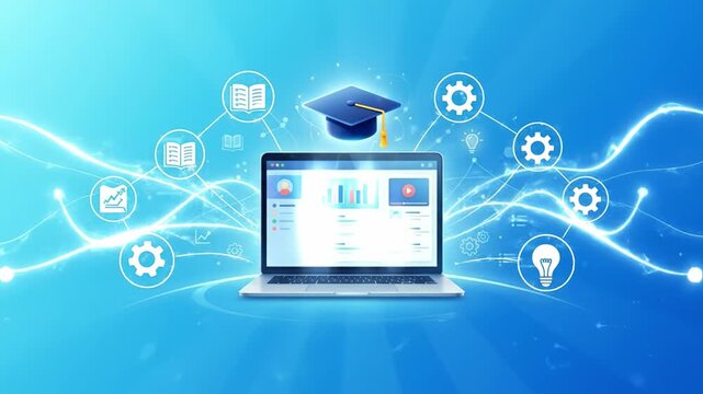Online learning platform laptop digital education blue background network connection graduation cap digital course book and gear icon technology software interface