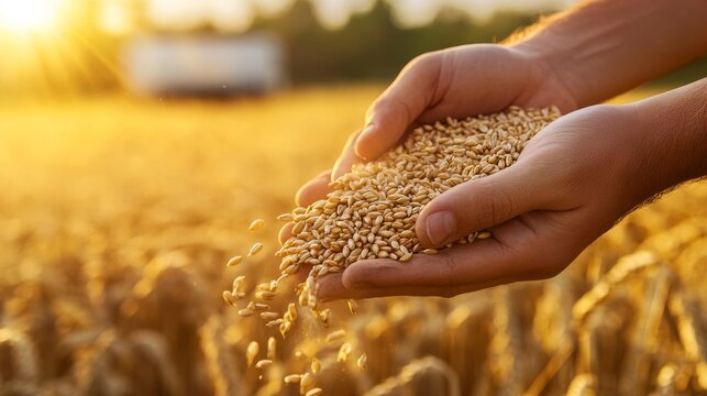 Macro image of falling wheat kernels from cupped hands into jute bag, warm tone harvest atmosphere with distant storage infrastructure and trailer detail