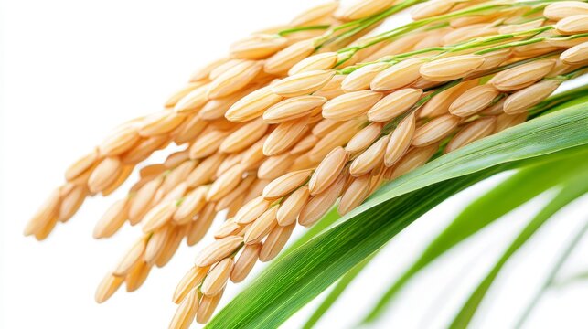 Macro image of a ripe rice ear with light golden grains and green leaf blade, clean white background with high clarity on each kernel detail