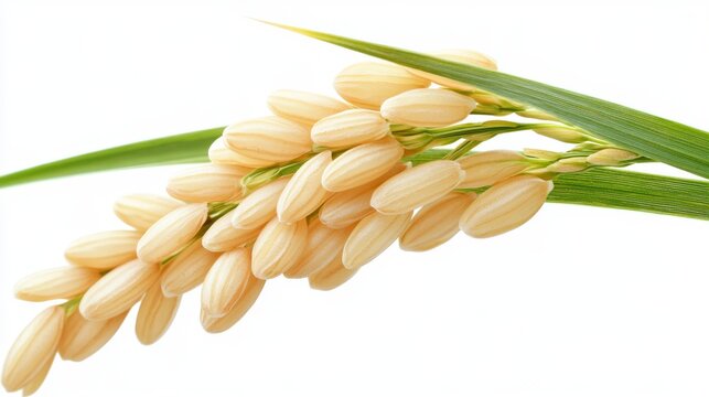 Macro image of a ripe rice ear with light golden grains and green leaf blade, clean white background with high clarity on each kernel detail