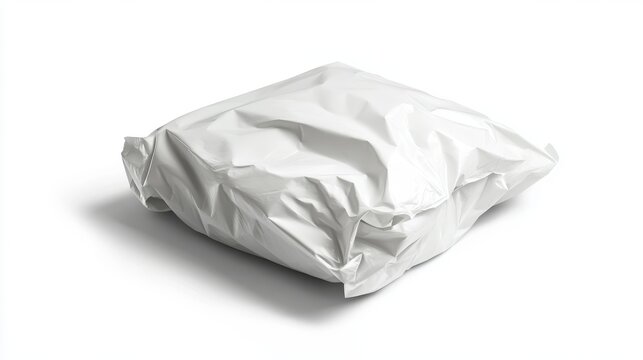 Studio mockup of a 25 kg white plastic sack with folded corners, slightly wrinkled surface texture, isolated on white with realistic shadows
