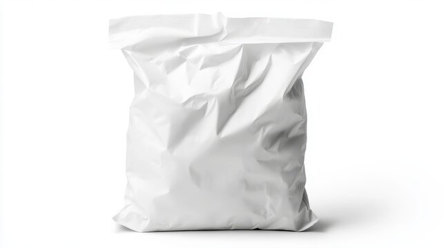 Studio mockup of a 25 kg white plastic sack with folded corners, slightly wrinkled surface texture, isolated on white with realistic shadows