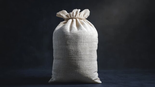 Agricultural product packaging concept showing a white woven sack standing upright, slight bulge at base to imply filled weight, high contrast lighting