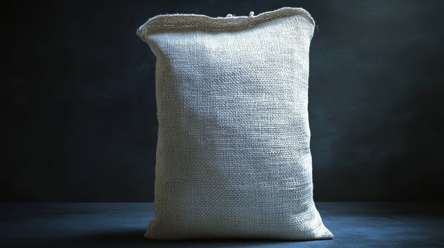 Agricultural product packaging concept showing a white woven sack standing upright, slight bulge at base to imply filled weight, high contrast lighting