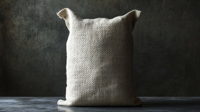 Agricultural product packaging concept showing a white woven sack standing upright, slight bulge at base to imply filled weight, high contrast lighting