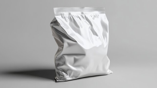 Canvas-style plastic bag mockup for grain or fertilizer, creased and partially filled, rendered in photorealistic style with reflective highlights