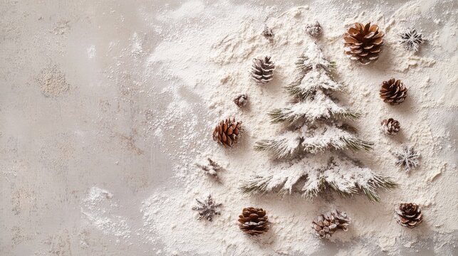 Christmas baking top-down setup with flour snow background, small pine cones and tree branches forming a tree shape, lightly dusted with powdered sugar