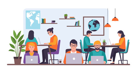 Fototapeta premium Diverse group of young people working together on laptops in a modern office environment. EPS Editable. Vector Illustrations.