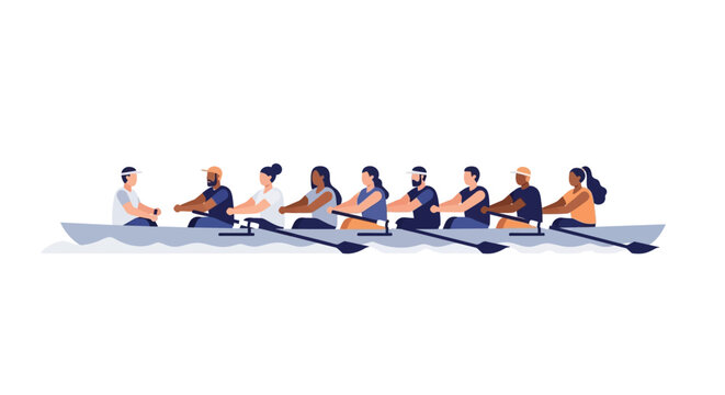 Diverse rowing team paddling together in a racing boat. EPS Editable. Vector Illustrations.