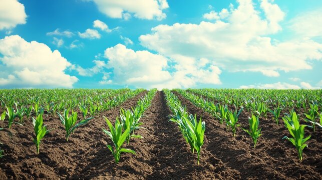 Agricultural concept illustration with symmetrical crop rows of young cereal shoots stretching into horizon, perspective from ground level