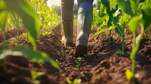 Ground-level close-up shot of a farmer s legs in rubber boots stepping between rows of young corn plants, rich brown soil and green sprouts under morning light