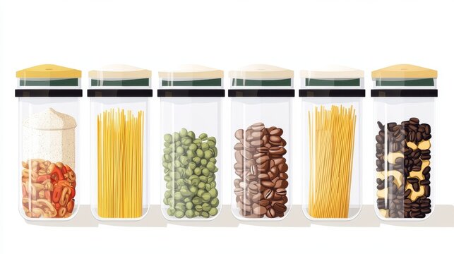 Flat vector illustration set of sealed clear kitchen containers neatly organized, each filled with dry food items like spaghetti, flour, coffee beans, green peas, and dried peppers