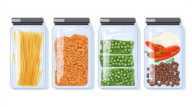 Flat vector illustration set of sealed clear kitchen containers neatly organized, each filled with dry food items like spaghetti, flour, coffee beans, green peas, and dried peppers