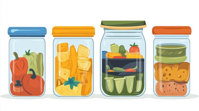 Flat illustration of home food preservation concept, transparent containers filled with pantry staples drawn in cartoon-style vector layout on white