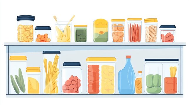 Flat illustration of home food preservation concept, transparent containers filled with pantry staples drawn in cartoon-style vector layout on white