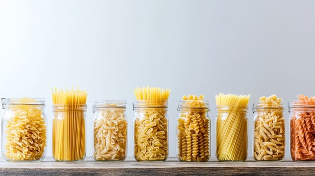 Banner layout of assorted raw pasta like penne, spaghetti, fusilli displayed in transparent glass jars lined up on a rustic wooden table against a white wall