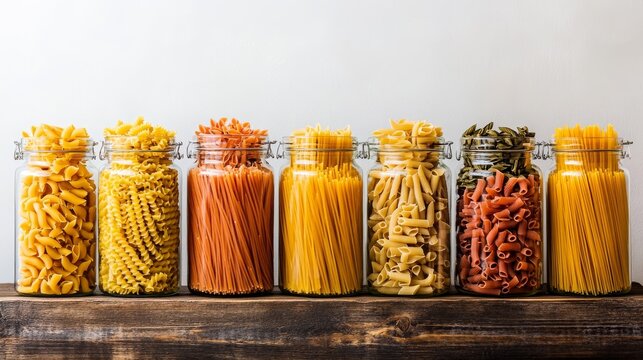Banner layout of assorted raw pasta like penne, spaghetti, fusilli displayed in transparent glass jars lined up on a rustic wooden table against a white wall
